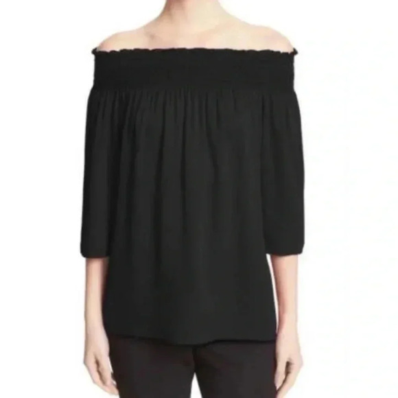 THEORY NWT Elistaire Deep Navy Silk Off the Shoulder Top Blouse Modern S - Picture 1 of 8